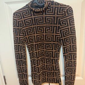 Black and Tan Geometric Blouse with Mock Turtleneck